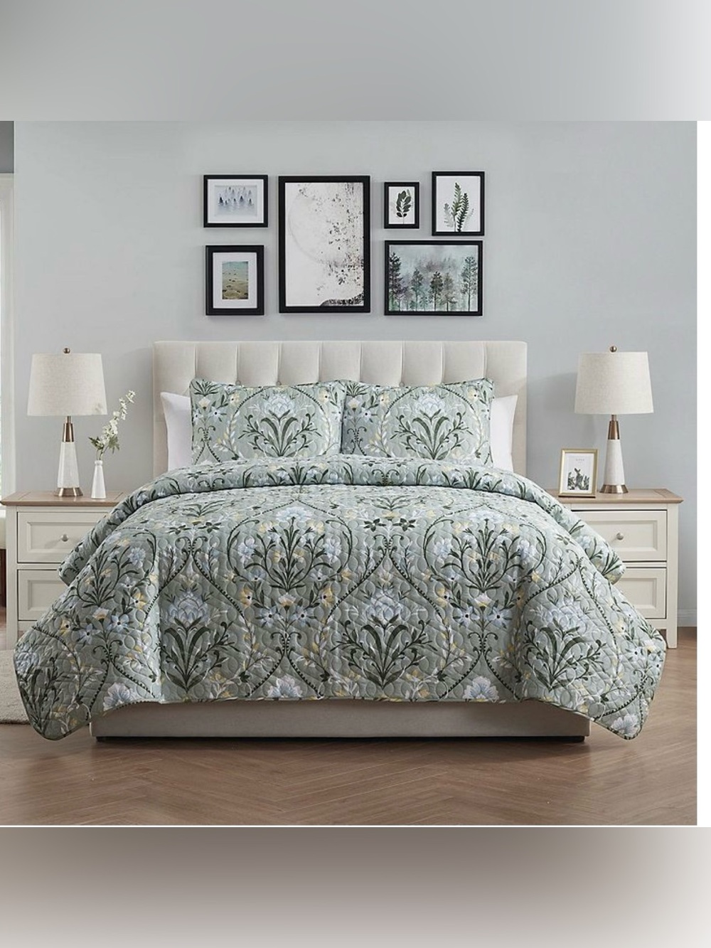 VCNY Home Province 3-Piece Green Floral Damask Printed Quilt Set Full/Queen New